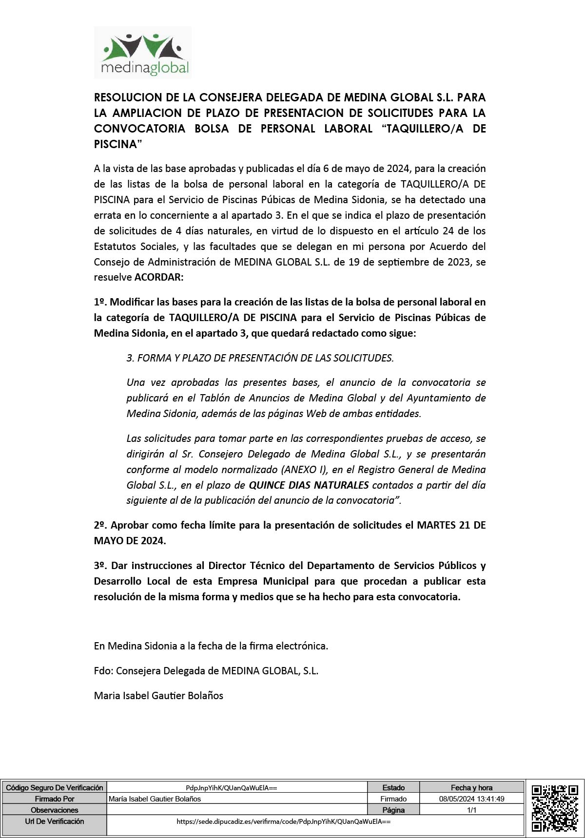 RESOLUCION C. D. CORRECCIÓN ERRATA PLAZO BOLSA TAQUILLERO-A PISCINA